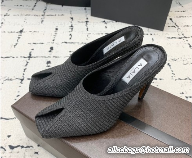 Pretty Style Alaia Spike Heel Mules 10cm in Raffia Straw with Open Toe Black AL053102 1008029