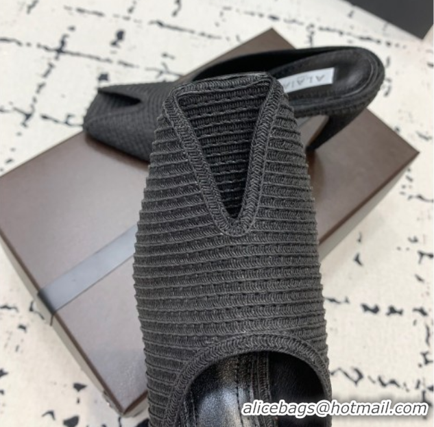 Pretty Style Alaia Spike Heel Mules 10cm in Raffia Straw with Open Toe Black AL053102 1008029