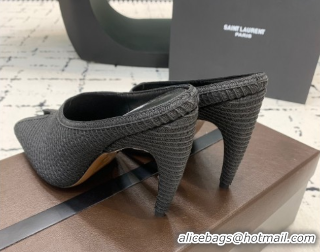 Pretty Style Alaia Spike Heel Mules 10cm in Raffia Straw with Open Toe Black AL053102 1008029