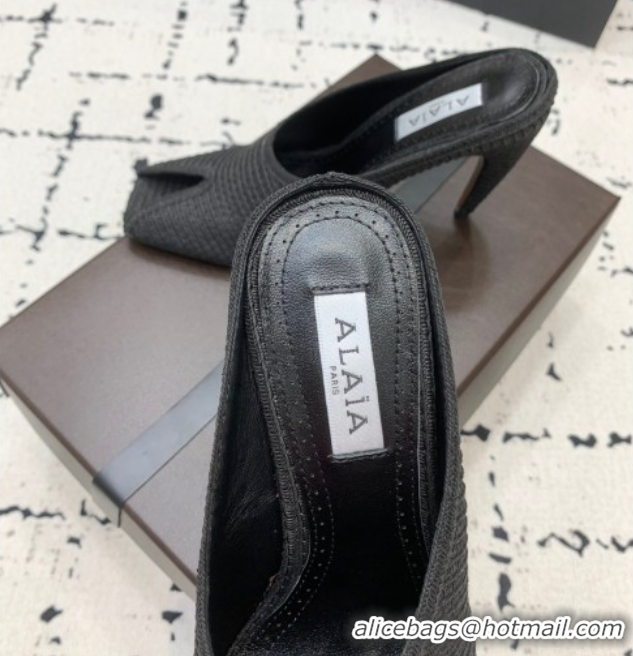 Pretty Style Alaia Spike Heel Mules 10cm in Raffia Straw with Open Toe Black AL053102 1008029