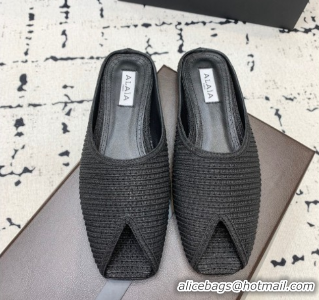 Unique Style Alaia Spike Flat Mules in Raffia Straw with Open Toe Black AL053102 1008031