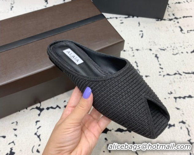 Unique Style Alaia Spike Flat Mules in Raffia Straw with Open Toe Black AL053102 1008031