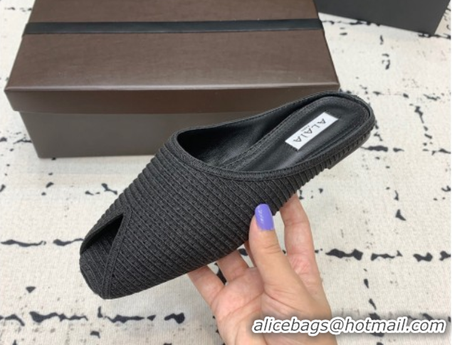 Unique Style Alaia Spike Flat Mules in Raffia Straw with Open Toe Black AL053102 1008031