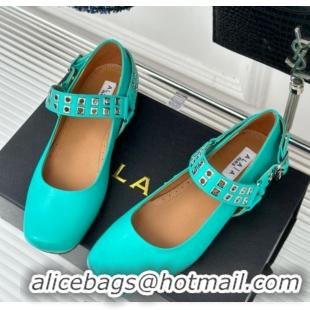 Best Price Alaia Ballet Flats with Eyelet Studs and Buckle in Calfskin Green 2024 AL100807 1008032