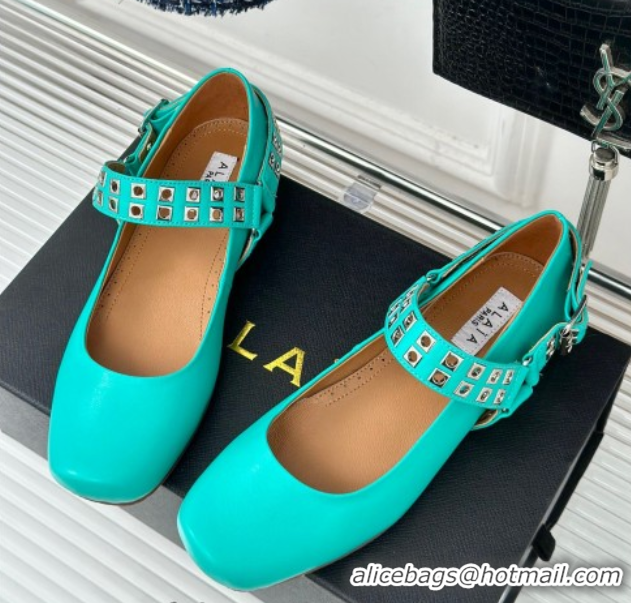 Best Price Alaia Ballet Flats with Eyelet Studs and Buckle in Calfskin Green 2024 AL100807 1008032