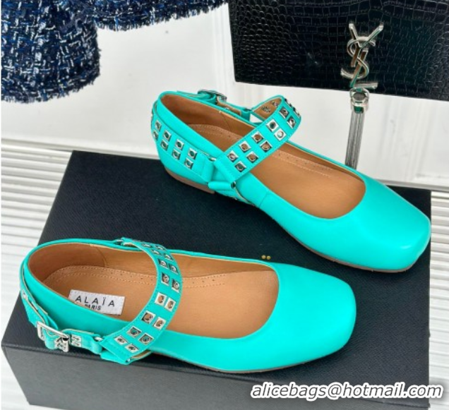 Best Price Alaia Ballet Flats with Eyelet Studs and Buckle in Calfskin Green 2024 AL100807 1008032