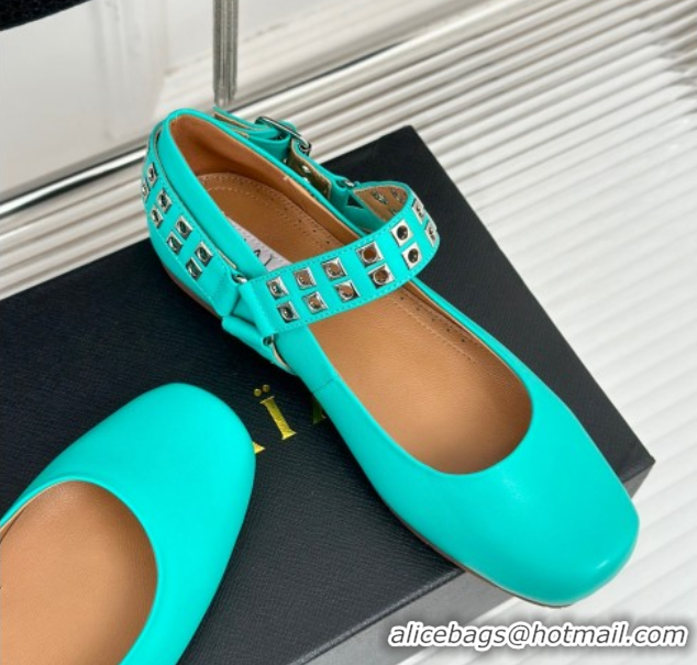 Best Price Alaia Ballet Flats with Eyelet Studs and Buckle in Calfskin Green 2024 AL100807 1008032