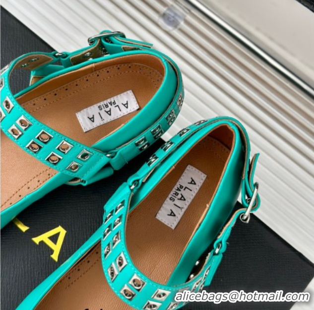 Best Price Alaia Ballet Flats with Eyelet Studs and Buckle in Calfskin Green 2024 AL100807 1008032