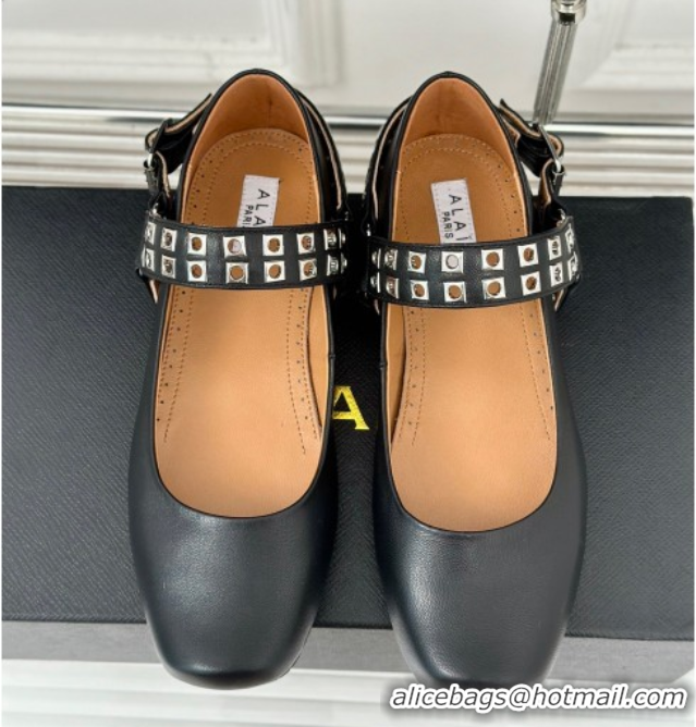 Purchase Alaia Ballet Flats with Eyelet Studs and Buckle in Calfskin Black AL100807 1008033