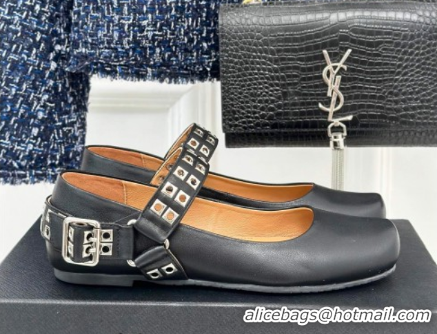 Purchase Alaia Ballet Flats with Eyelet Studs and Buckle in Calfskin Black AL100807 1008033