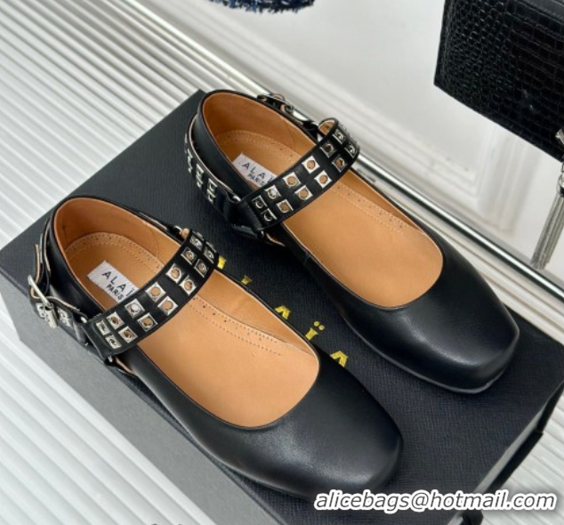Purchase Alaia Ballet Flats with Eyelet Studs and Buckle in Calfskin Black AL100807 1008033