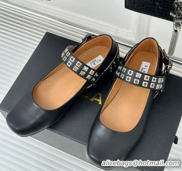 Purchase Alaia Ballet Flats with Eyelet Studs and Buckle in Calfskin Black AL100807 1008033