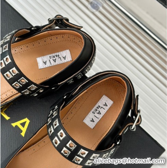 Purchase Alaia Ballet Flats with Eyelet Studs and Buckle in Calfskin Black AL100807 1008033
