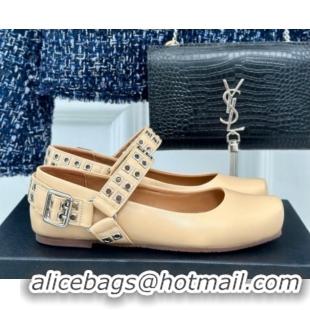Low Price Alaia Ballet Flats with Eyelet Studs and Buckle in Calfskin Beige AL100807 1008034