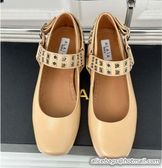 Low Price Alaia Ballet Flats with Eyelet Studs and Buckle in Calfskin Beige AL100807 1008034