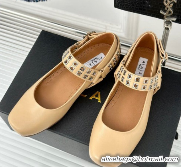 Low Price Alaia Ballet Flats with Eyelet Studs and Buckle in Calfskin Beige AL100807 1008034