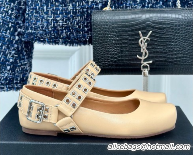Low Price Alaia Ballet Flats with Eyelet Studs and Buckle in Calfskin Beige AL100807 1008034