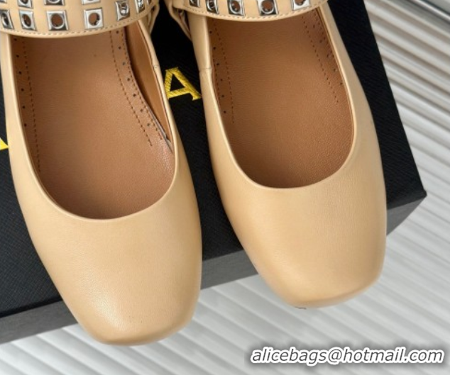 Low Price Alaia Ballet Flats with Eyelet Studs and Buckle in Calfskin Beige AL100807 1008034