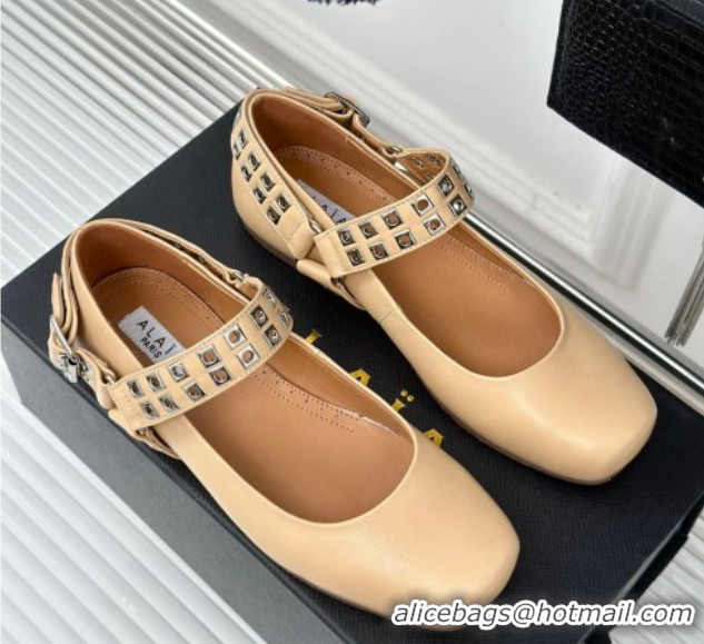 Low Price Alaia Ballet Flats with Eyelet Studs and Buckle in Calfskin Beige AL100807 1008034