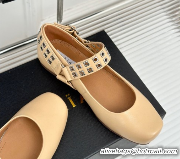 Low Price Alaia Ballet Flats with Eyelet Studs and Buckle in Calfskin Beige AL100807 1008034