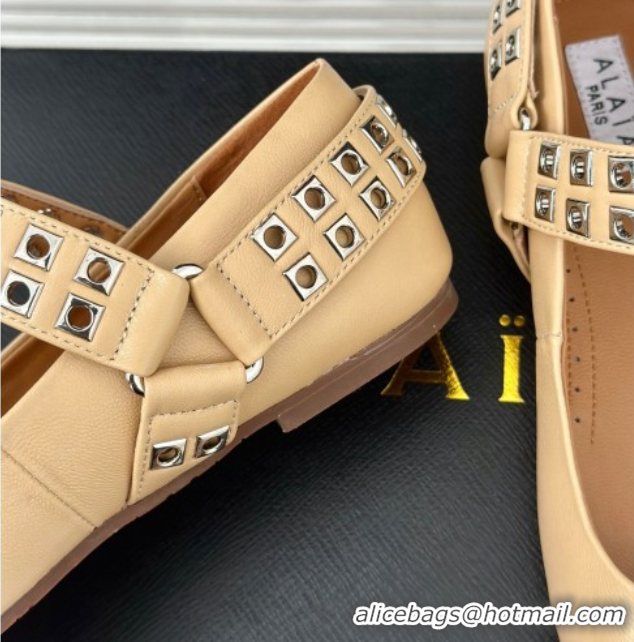 Low Price Alaia Ballet Flats with Eyelet Studs and Buckle in Calfskin Beige AL100807 1008034