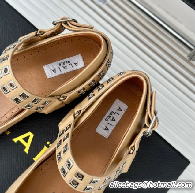 Low Price Alaia Ballet Flats with Eyelet Studs and Buckle in Calfskin Beige AL100807 1008034