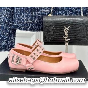 Top Grade Alaia Ballet Flats with Eyelet Studs and Buckle in Calfskin Pink AL100807 1008035
