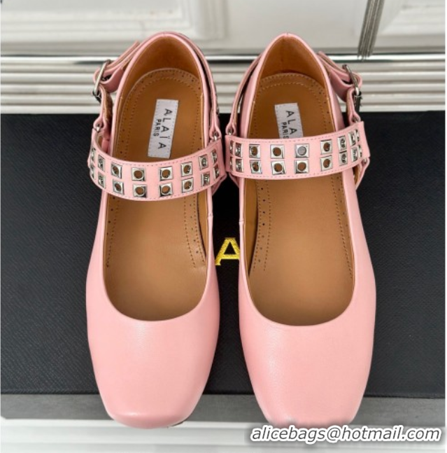 Top Grade Alaia Ballet Flats with Eyelet Studs and Buckle in Calfskin Pink AL100807 1008035
