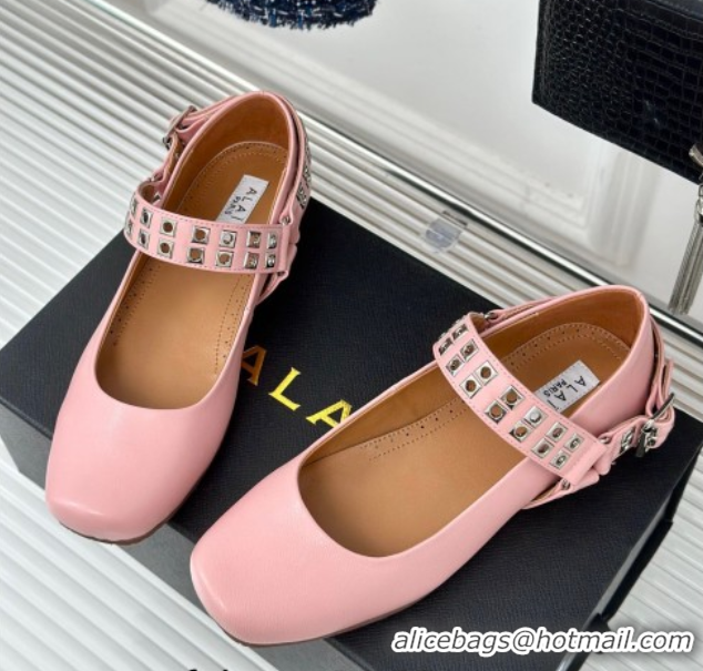 Top Grade Alaia Ballet Flats with Eyelet Studs and Buckle in Calfskin Pink AL100807 1008035