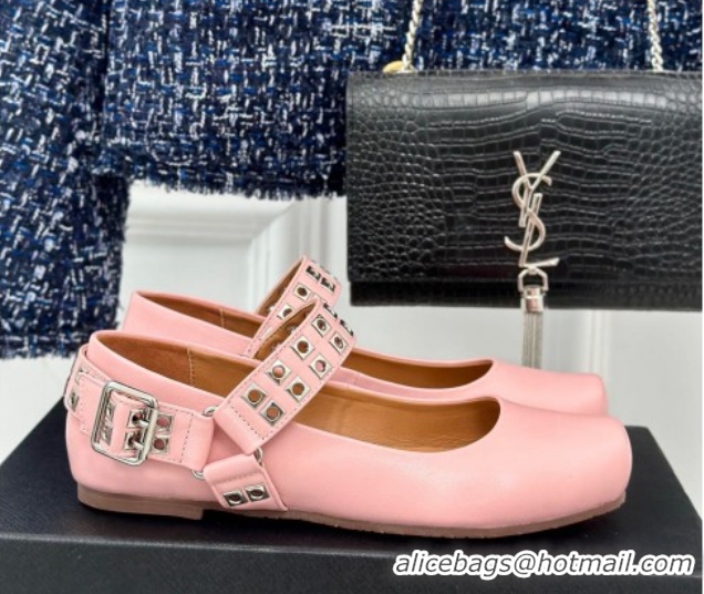 Top Grade Alaia Ballet Flats with Eyelet Studs and Buckle in Calfskin Pink AL100807 1008035