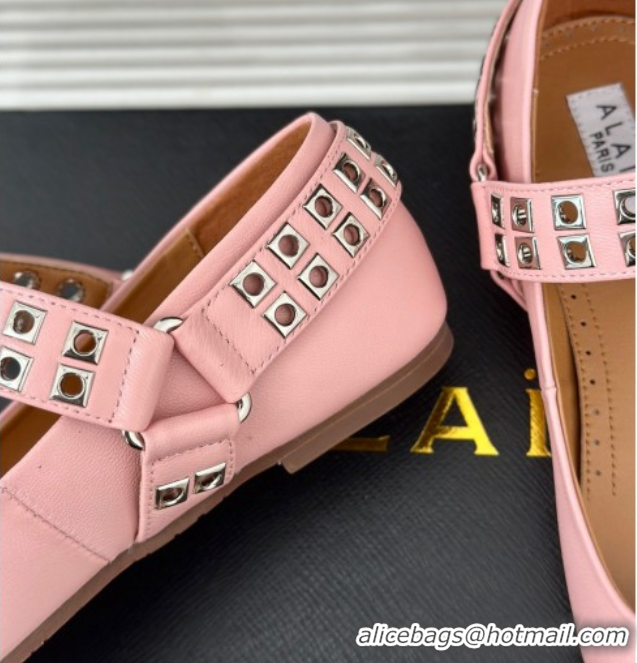 Top Grade Alaia Ballet Flats with Eyelet Studs and Buckle in Calfskin Pink AL100807 1008035