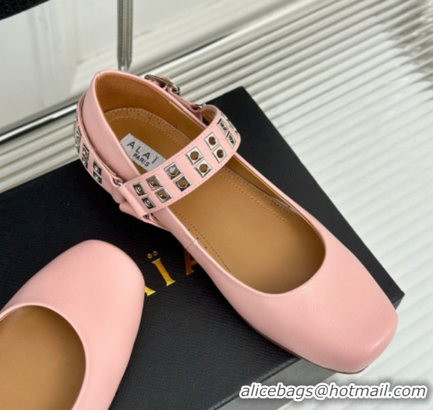 Top Grade Alaia Ballet Flats with Eyelet Studs and Buckle in Calfskin Pink AL100807 1008035