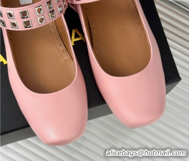 Top Grade Alaia Ballet Flats with Eyelet Studs and Buckle in Calfskin Pink AL100807 1008035
