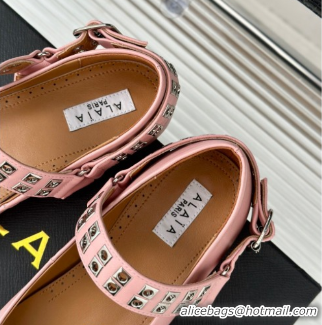 Top Grade Alaia Ballet Flats with Eyelet Studs and Buckle in Calfskin Pink AL100807 1008035