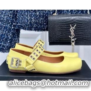 Luxurious Alaia Ballet Flats with Eyelet Studs and Buckle in Calfskin Yellow AL100807 1008036