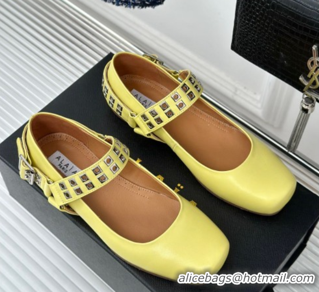 Luxurious Alaia Ballet Flats with Eyelet Studs and Buckle in Calfskin Yellow AL100807 1008036