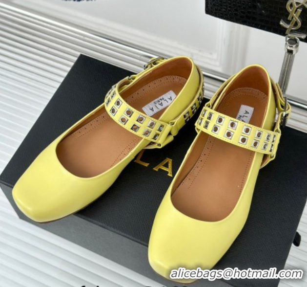 Luxurious Alaia Ballet Flats with Eyelet Studs and Buckle in Calfskin Yellow AL100807 1008036