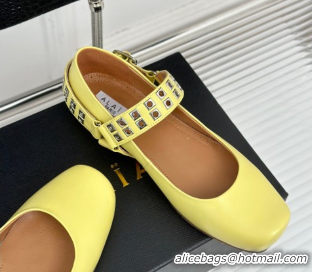 Luxurious Alaia Ballet Flats with Eyelet Studs and Buckle in Calfskin Yellow AL100807 1008036