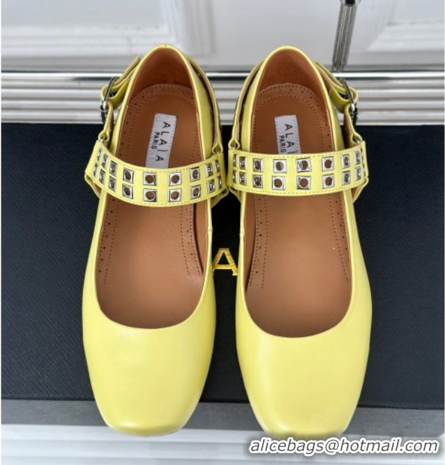 Luxurious Alaia Ballet Flats with Eyelet Studs and Buckle in Calfskin Yellow AL100807 1008036