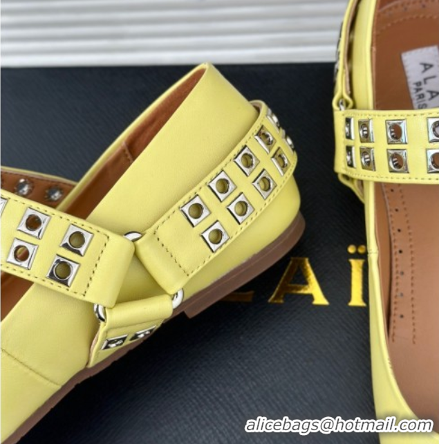 Luxurious Alaia Ballet Flats with Eyelet Studs and Buckle in Calfskin Yellow AL100807 1008036