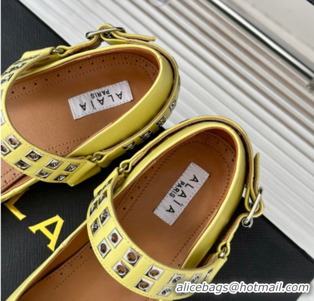 Luxurious Alaia Ballet Flats with Eyelet Studs and Buckle in Calfskin Yellow AL100807 1008036