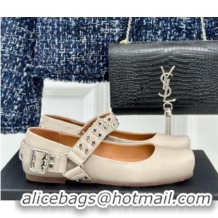 Good Quality Alaia Ballet Flats with Eyelet Studs and Buckle in Calfskin Grey AL100807 1008038