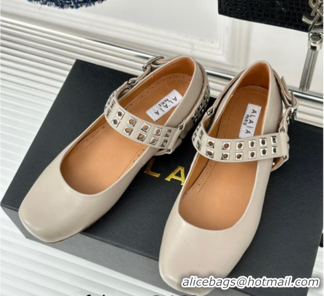 Good Quality Alaia Ballet Flats with Eyelet Studs and Buckle in Calfskin Grey AL100807 1008038