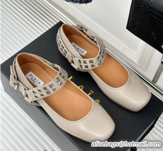 Good Quality Alaia Ballet Flats with Eyelet Studs and Buckle in Calfskin Grey AL100807 1008038