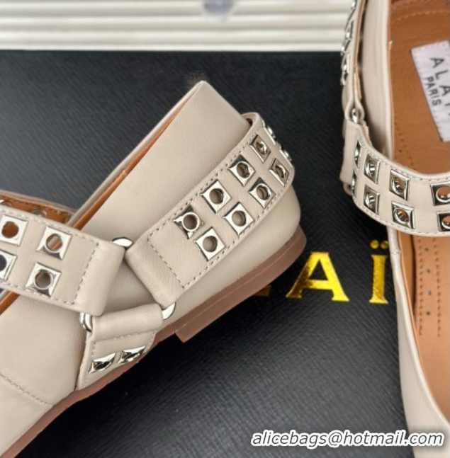 Good Quality Alaia Ballet Flats with Eyelet Studs and Buckle in Calfskin Grey AL100807 1008038
