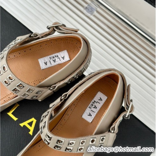 Good Quality Alaia Ballet Flats with Eyelet Studs and Buckle in Calfskin Grey AL100807 1008038