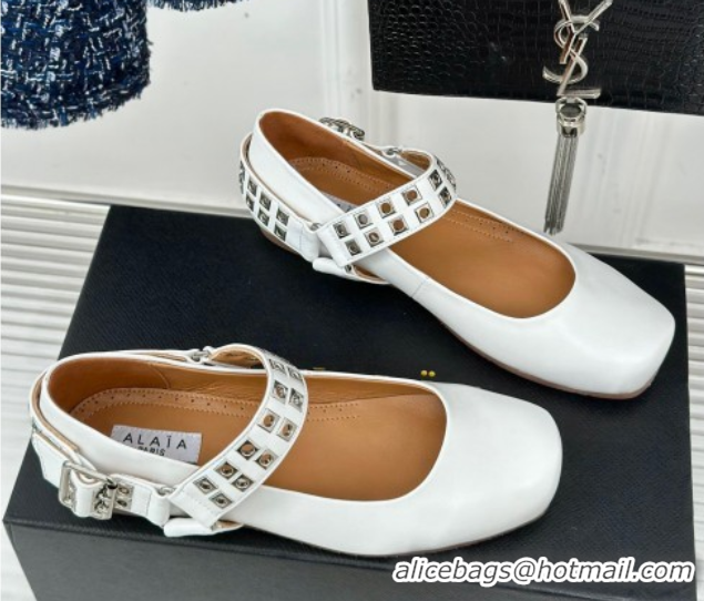 Good Looking Alaia Ballet Flats with Eyelet Studs and Buckle in Calfskin White AL100807 1008037