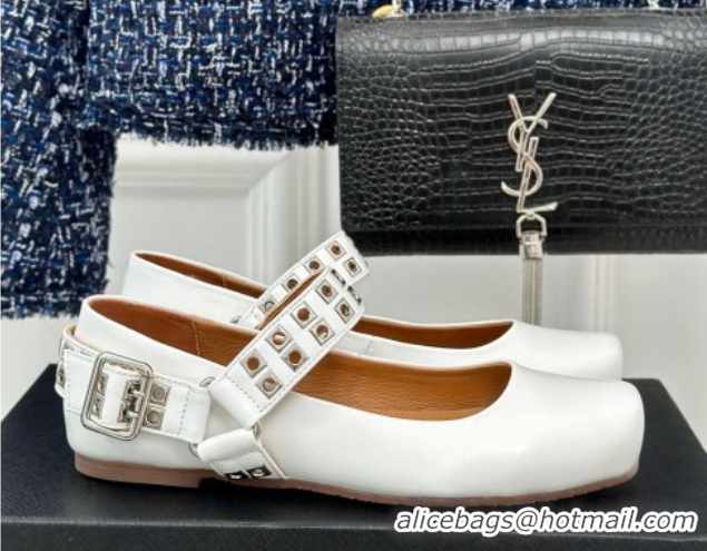 Good Looking Alaia Ballet Flats with Eyelet Studs and Buckle in Calfskin White AL100807 1008037