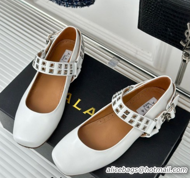 Good Looking Alaia Ballet Flats with Eyelet Studs and Buckle in Calfskin White AL100807 1008037