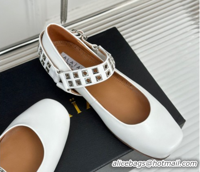 Good Looking Alaia Ballet Flats with Eyelet Studs and Buckle in Calfskin White AL100807 1008037
